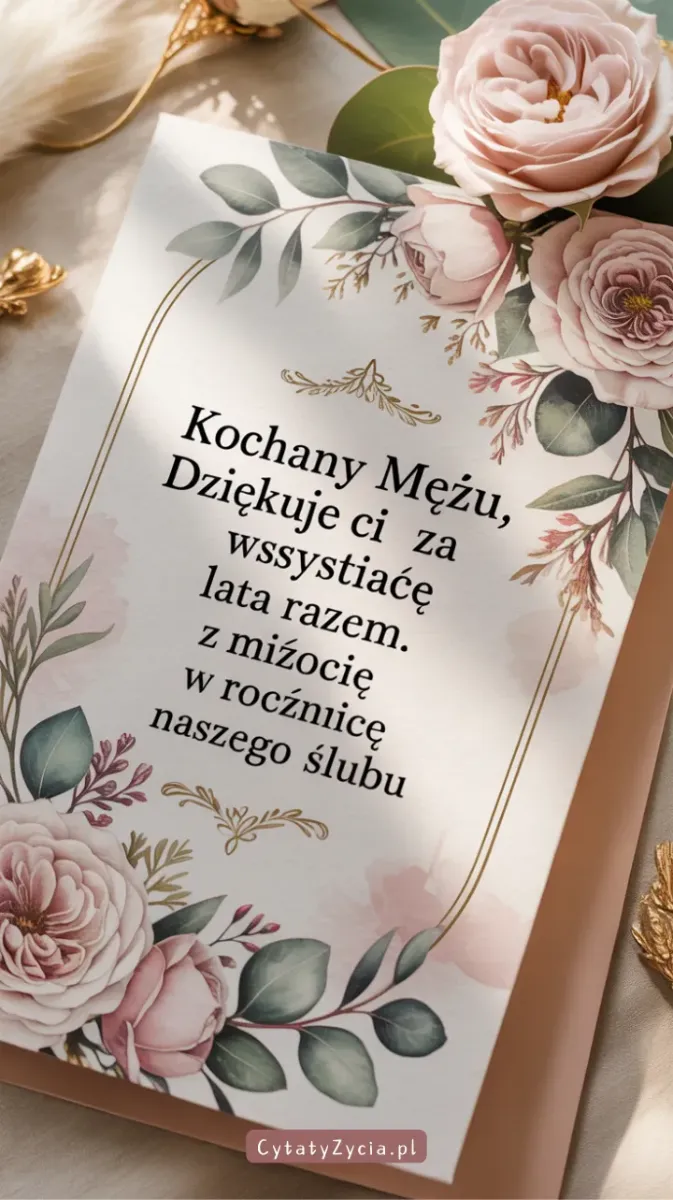 Kartka w kształcie serca z życzeniami z okazji rocznicy ślubu dla męża.